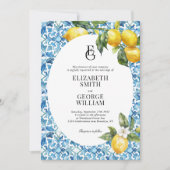 Classic Monogram Lemon Blue Mediterrane Hochzeit Einladung (Vorderseite)