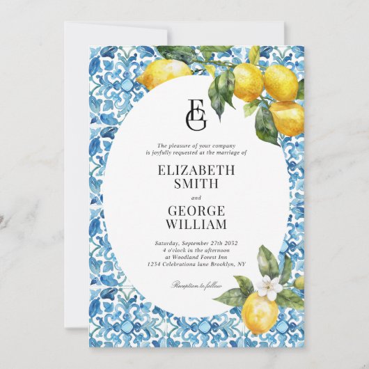 Classic Monogram Lemon Blue Mediterrane Hochzeit Einladung (Vorderseite)