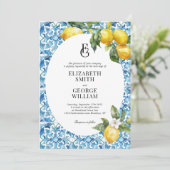 Classic Monogram Lemon Blue Mediterrane Hochzeit Einladung (Stehend Vorderseite)