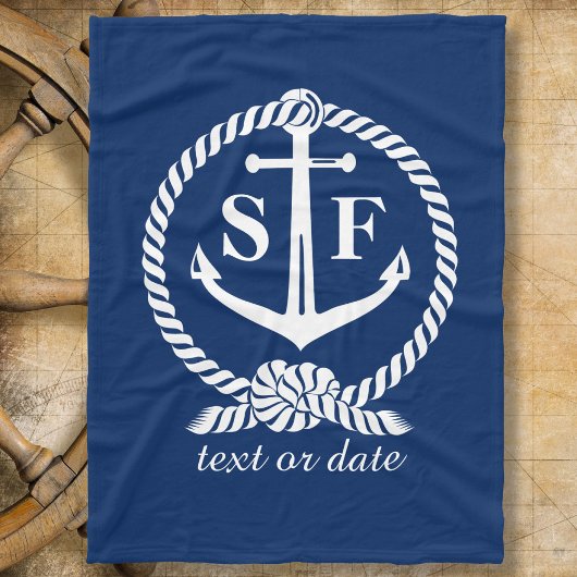 Classic Monogram Nautical Blue Anchor Beach Boat Fleecedecke