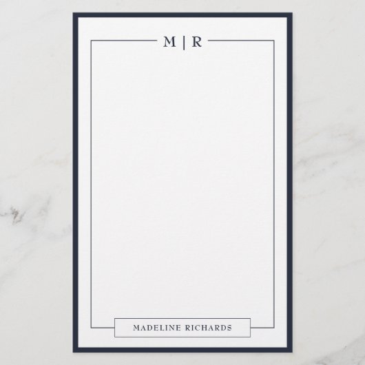 Classic Monogram Navy Blue Border Stationery Briefpapier (Vorderseite)