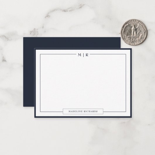 Classic Monogram Navy Blue Border Stationery Mitteilungskarte (Vorderseite/Rückseite Beispiel)
