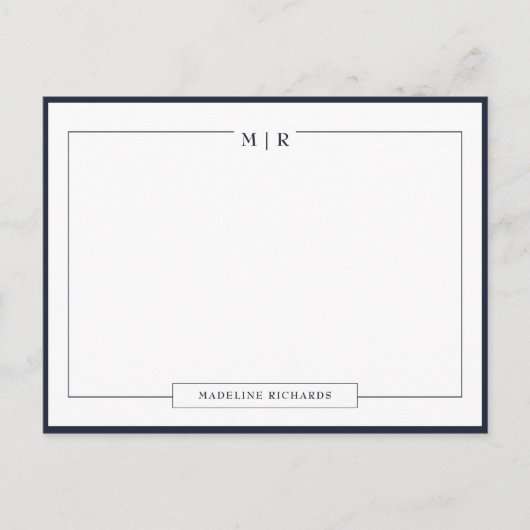 Classic Monogram Navy Blue Border Stationery Postkarte (Vorderseite)