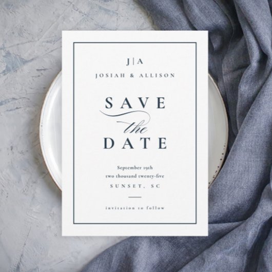 Classic Monogram Non Foto Navy Blue Wedding Save The Date