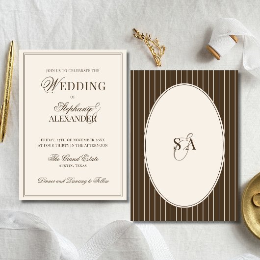 Classic Monogram Old Money Brown & Ivory Wedding Einladung