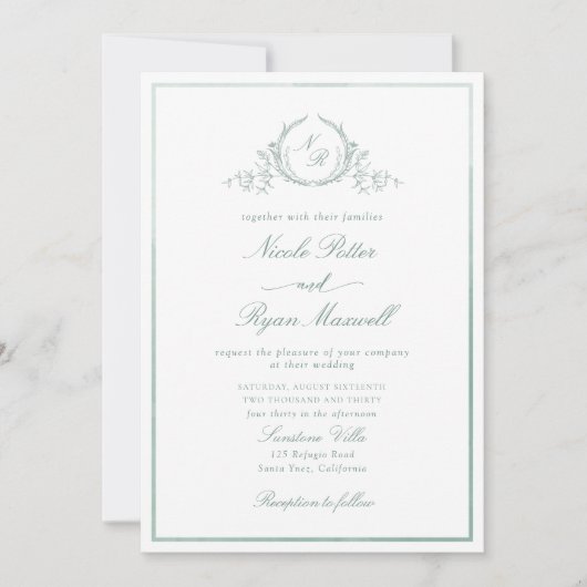 Classic Monogram Pale Green Watercolor Wedding Einladung (Vorderseite)
