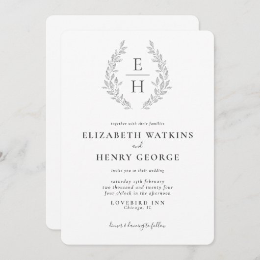 Classic Monogram Schwarz-weiß Fromal Wedding Invit Einladung (Vorne/Hinten)