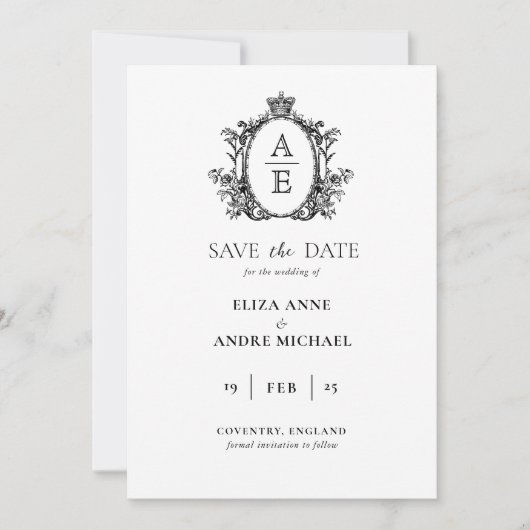 Classic Monogram Wappen Black and White Wedding Save The Date (Vorderseite)