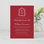 Classic Monogram Wappen Cranberry Red Wedding Einladung (Stehend Vorderseite)