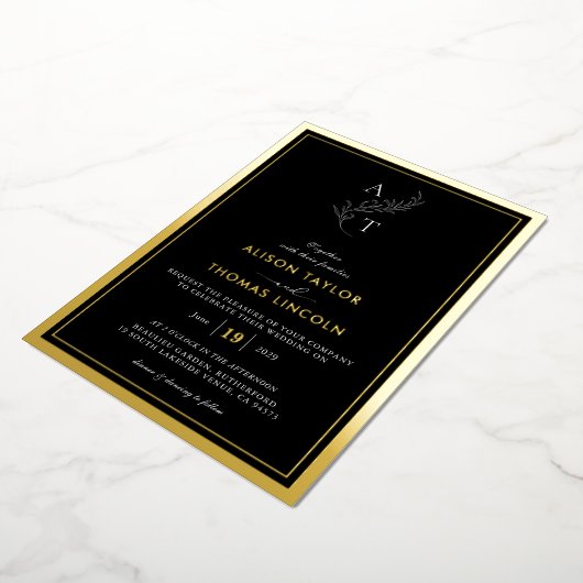 Classic Monogram Wedding Gold Frame Real Folieneinladung (Gedreht)