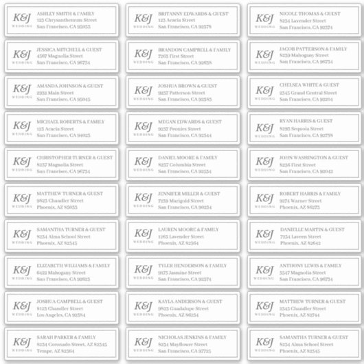 Classic Monogram Wedding Guest Name Address Aufkleber (Vorderseite)