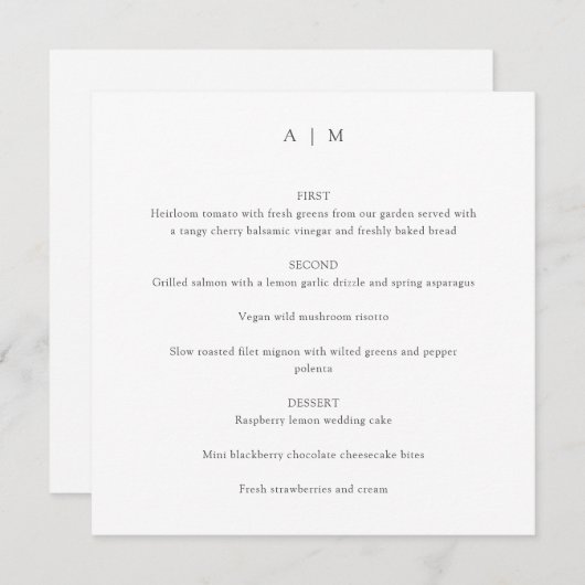 Classic Monogram White Custom Wedding Square Menükarte (Vorne/Hinten)