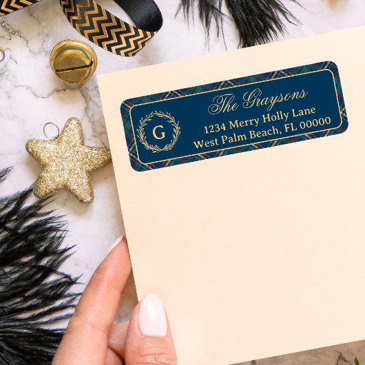 Classic Monogram Wreath Blue Karierte Weihnachten