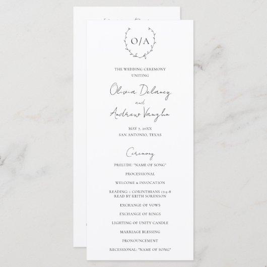 Classic Monogram Wreath Wappen Elegante Hochzeit Programm (Vorne/Hinten)