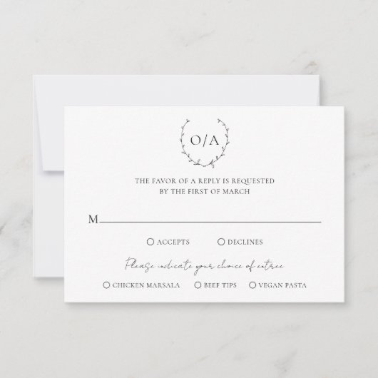 Classic Monogram Wreath Wappen Elegante Hochzeit RSVP Karte (Vorderseite)