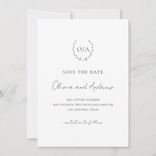 Classic Monogram Wreath Wappen Elegante Hochzeit Save The Date (Vorderseite)