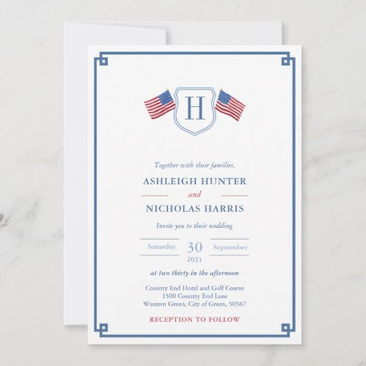 Classic Monogramm 4. Juli Hochzeit Einladung (Vorderseite)