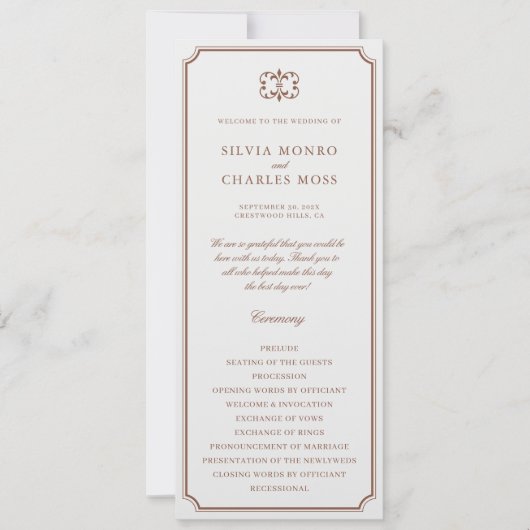 Classic Monorgam Brown Ecru Wedding Wappen Program (Vorderseite)