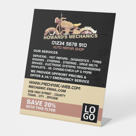 Classic Motorcycle, Auto Mechanic & Repairs Advert Sockelschild (Vorderseite)