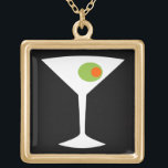 Classic Movie Martini Necklace (schwarz) Vergoldete Kette<br><div class="desc">Dieses klassische Movie Martini Necklace zeichnet sich durch einen schwarzen Hintergrund und die weiße Silhouette eines Martini-Glases aus. Im Inneren des Glases befindet sich ein herrlicher grüner Olivenbaum mit einem orangefarbenen Pimento. Das ist eine lustige Halskette für alle, die sich wünschen, dass sie eine Figur in einem klassischen Film sind....</div>