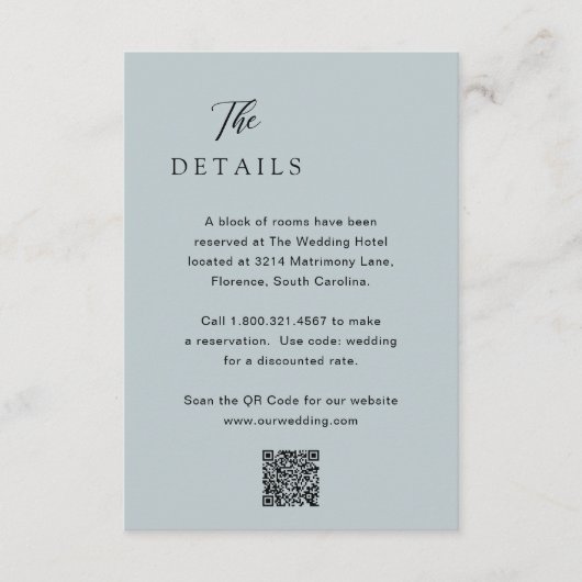 Classic Mute Blue QR Code Elegante Hochzeit Begleitkarte (Vorderseite)