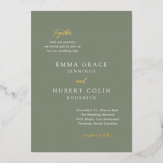 Classic Mute Green Elegant Wedding Folieneinladung (Vorderseite)