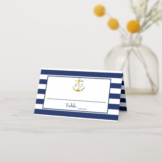 Classic Nautical Blue Stripes Gold Ankerhochzeit Platzkarte (Vorderseite)