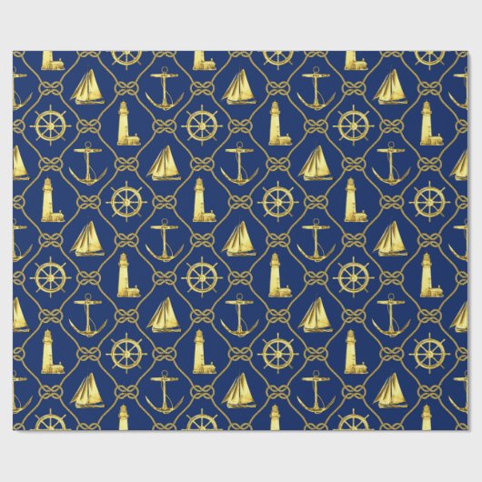 Classic Nautical Gold Blue Geschenkpapier (Flach)
