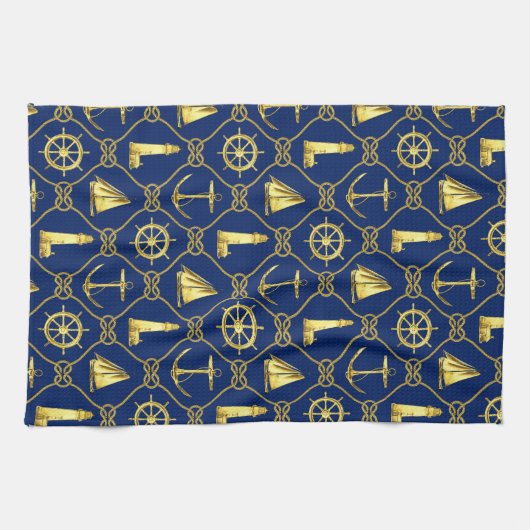 Classic Nautical Gold Blue Geschirrtuch (Horizontal)