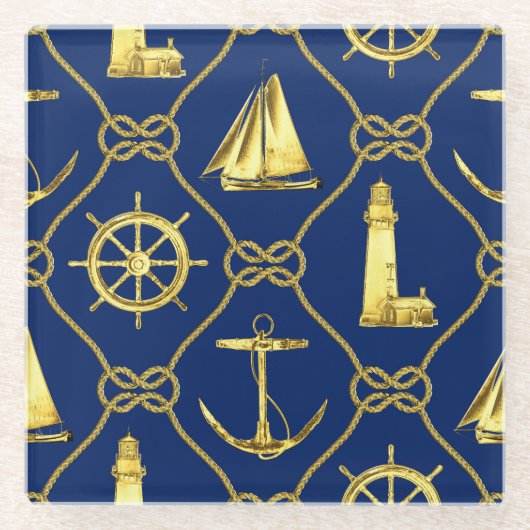 Classic Nautical Gold Blue Sailboat Lighthouse Glasuntersetzer (Vorderseite)