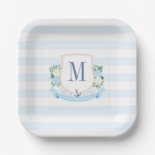 Classic Nautical Monogram Boy Baby ShowParty Pappteller (Vorderseite)
