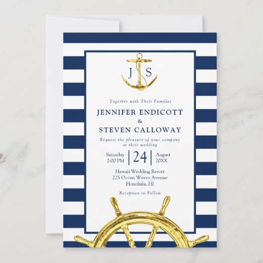 Classic Nautical Navy Blue and Gold Wedding Einladung (Vorderseite)