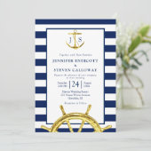 Classic Nautical Navy Blue and Gold Wedding Einladung (Stehend Vorderseite)