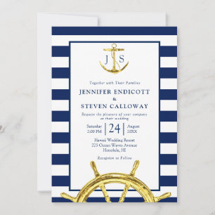 Classic Nautical Navy Blue and Gold Wedding Einladung