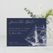 Classic Nautical Ship Navy Blue Wedding Save The Date (Stehend Vorderseite)