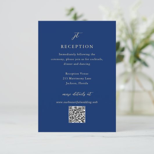 Classic Navy and Cream Elegant QR Code Wedding Begleitkarte (Stehend Vorderseite)