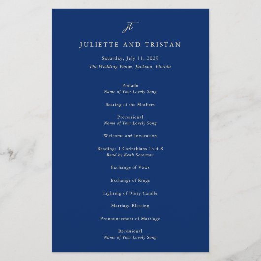 Classic Navy and Cream Elegant Wedding Program Flyer (Vorne)