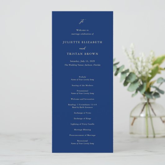 Classic Navy and Cream Elegant Wedding Programm (Stehend Vorderseite)