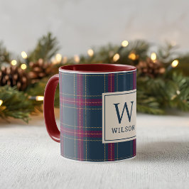 Classic Navy and Red Tartan Plaid Christmas Tasse