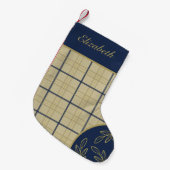 Classic Navy Beige Kariert Gold Foliage Weihnachte Kleiner Weihnachtsstrumpf (Vorderansicht (hängend))