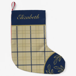 Classic Navy Beige Kariert Gold Foliage Weihnachte Kleiner Weihnachtsstrumpf