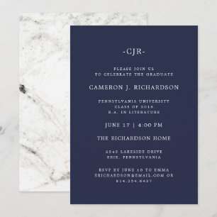 Classic Navy Blau und Marmor   Graduierungspartei Einladung