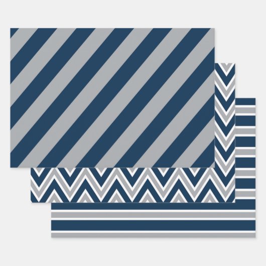 Classic Navy Blue and Gray Geometric Stripes Geschenkpapier Set (Set)