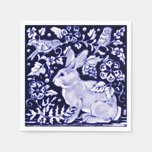 Classic Navy Blue Bunny Rabbit Birds Dedham Delft Serviette (Vorderseite)