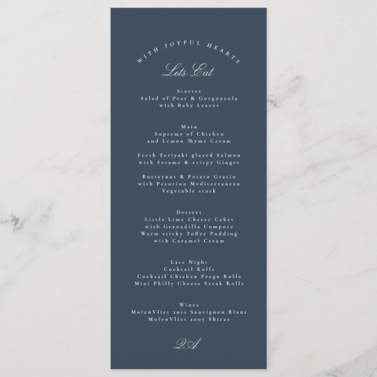 Classic Navy Blue Calligraphy Formal Wedding Menükarte (Vorderseite)