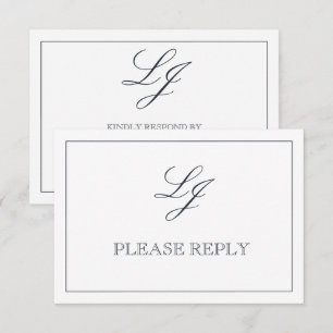 Classic Navy Blue Calligraphy Monogram No Meals RSVP Karte