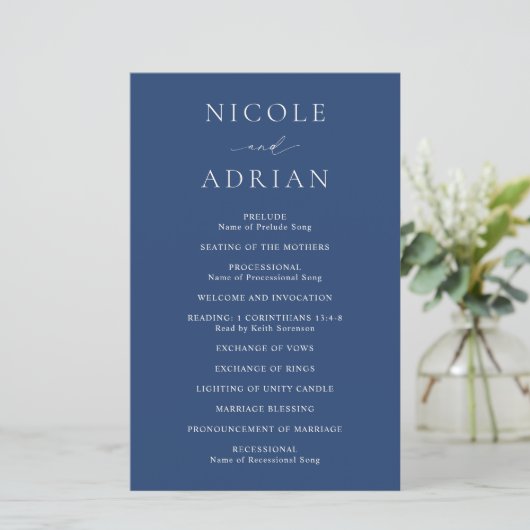 Classic Navy Blue Elegant Wedding Program (Stehend Vorderseite)