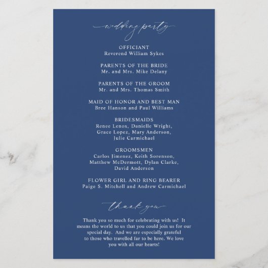 Classic Navy Blue Elegant Wedding Program (Rückseite)