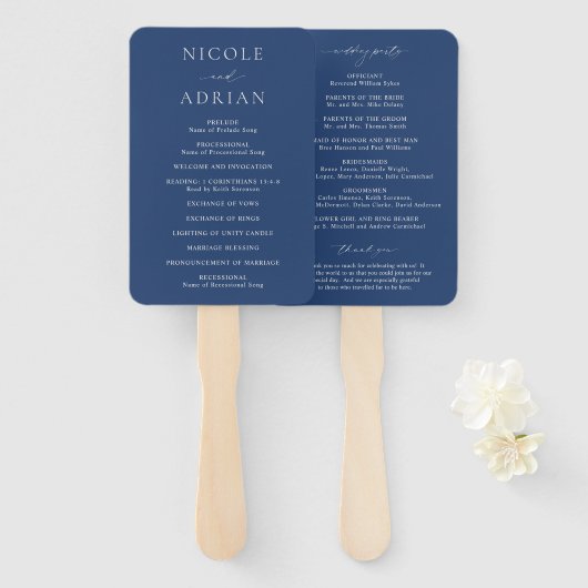 Classic Navy Blue Elegant Wedding Program Fächer (Vorne und Hinten)