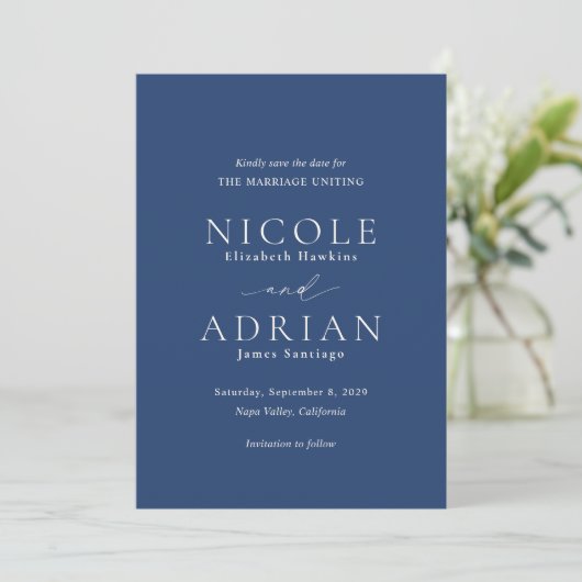 Classic Navy Blue Foto Elegante Hochzeit Save The Date (Stehend Vorderseite)